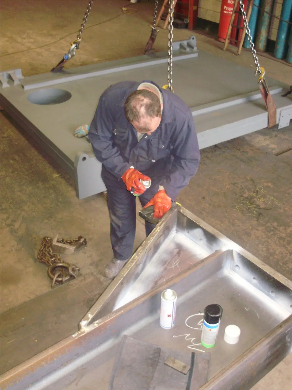 Dye penetrant non-destructive testing and inspection on a steel fabrication